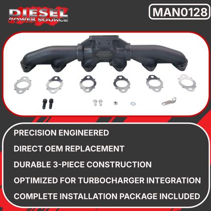 Diesel Power Source T3 3-Piece Exhaust Manifold Kit + 25" Stainless Turbo Oil Drain Tube for 1998-2002 Dodge Ram 5.9L 24V Cummins High Flow Performance Faster Spool Lower EGTs Direct Bolt-On Upgrade