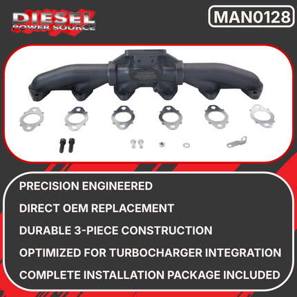 Diesel Power Source T3 3-Piece Exhaust Manifold 1998-2002 Dodge Ram 5.9L 24V Cummins High Flow Performance Lower EGTs Direct Bolt-On (OEM 5014170AC, 5014170AD, 5014170AA, 5014170AB, 3937187)