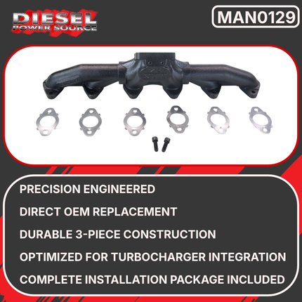 Diesel Power Source T4 Exhaust Manifold 1998-2018 Dodge Ram 5.9L 6.7L Cummins Center Mount 3-Piece High Flow Performance Upgrade Faster Spool Lower EGTs T4 Turbo Direct Fit (NOT OEM Stock Turbo)