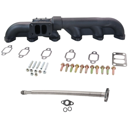 Diesel Power Source Fummins Conversion Kit: 2-Piece T3 Exhaust Manifold + 19" Stainless Turbo Oil Drain – Ford Cummins Swap 5.9L 12V – High Flow Performance Bundle for Lower EGTs