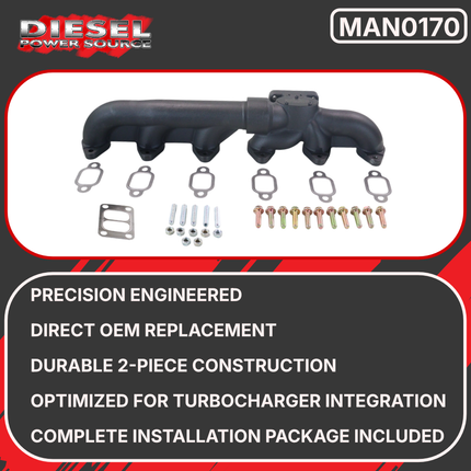 Diesel Power Source MAN0170 Fummins Exhaust Manifold 2-Piece T3 Ford Cummins Swap 5.9L 12V Performance High Flow Cast Iron Lower EGTs Faster Spool Direct Fit Conversion Kit