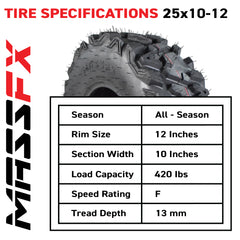 New MASSFX KT ATV Four Wheeler Rear Tires (2) Set Side Bite Tread 6ply 25X10-12