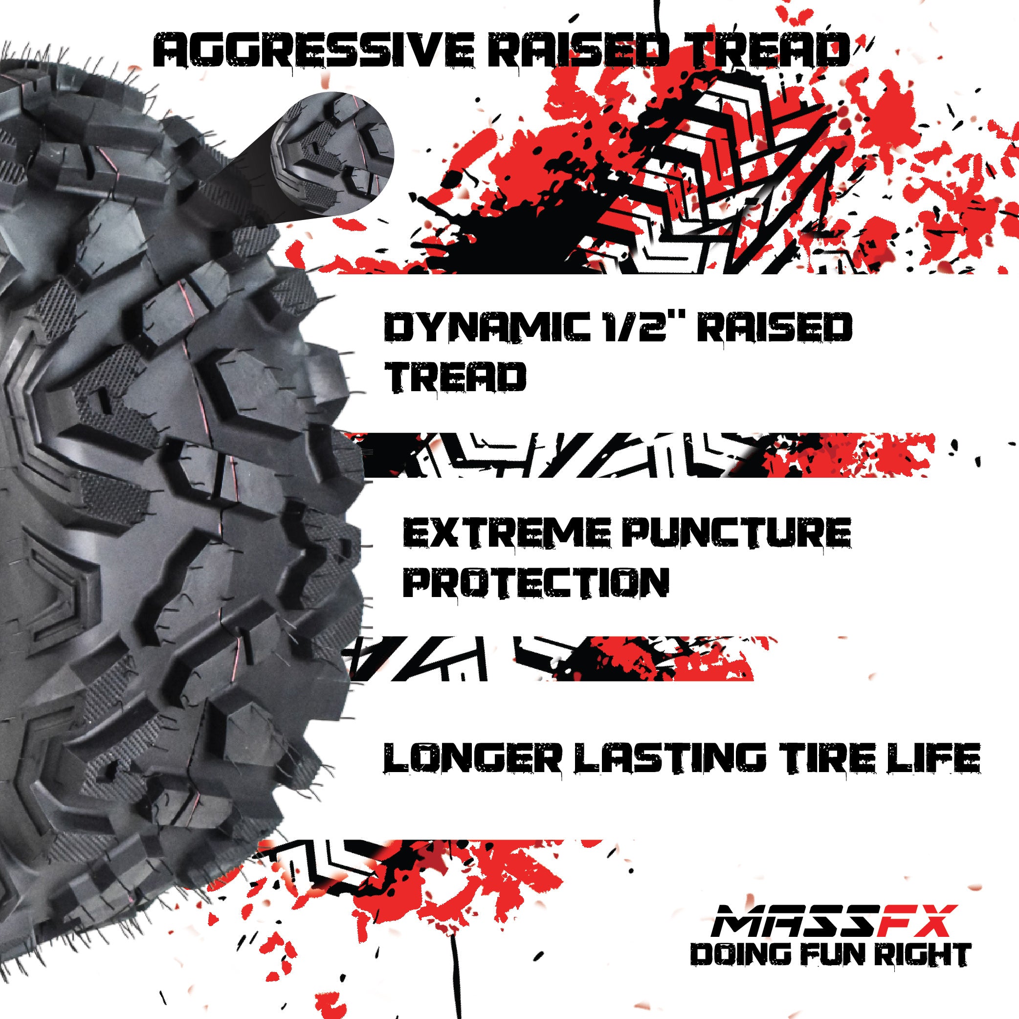 New MASSFX KT ATV Four Wheeler Rear Tires (2) Set Side Bite Tread 6ply 25X10-12