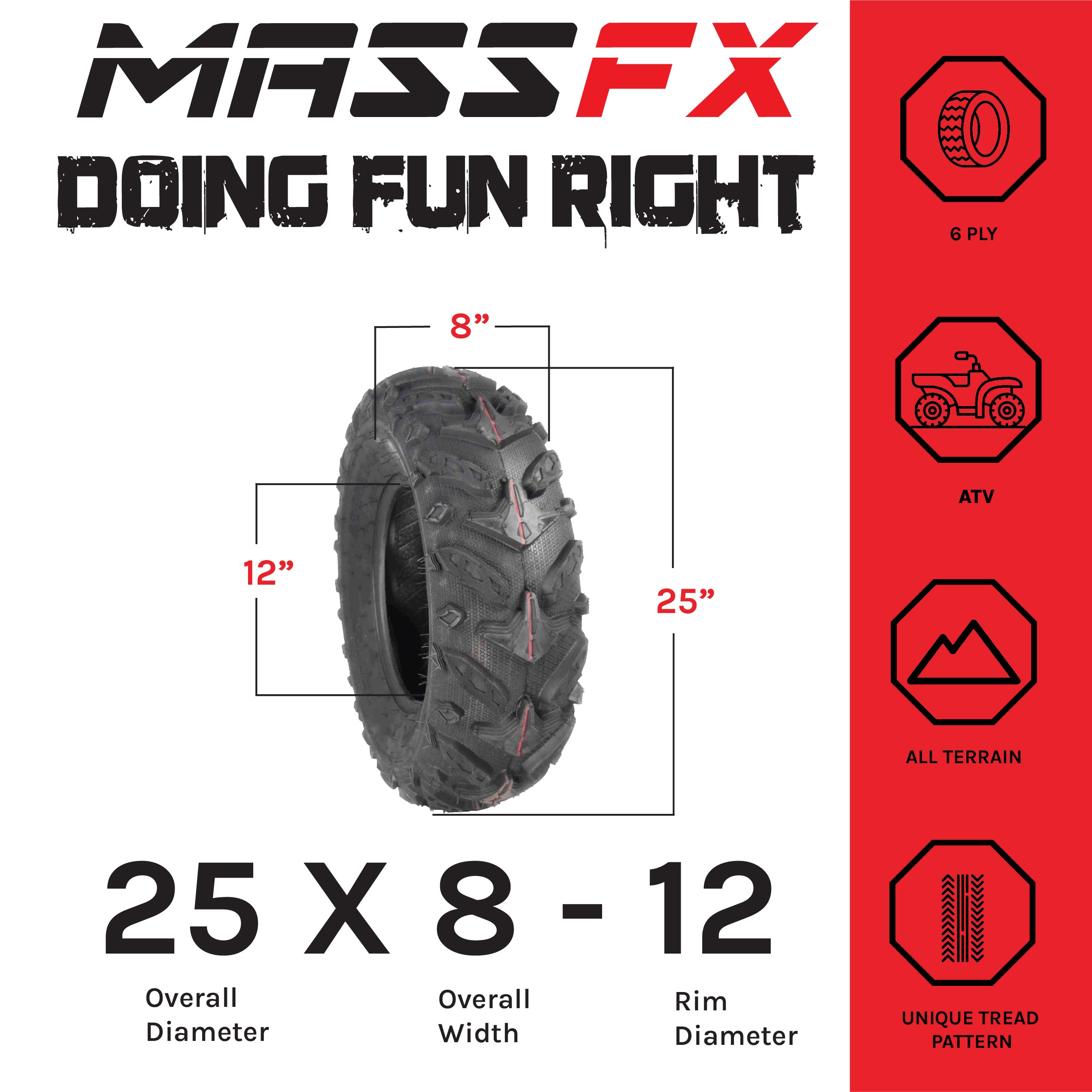 MASSFX Grinder 25x8-12 Front (2) & 25x10-12 Rear (2) Tires for ATV, UTV, & SxS