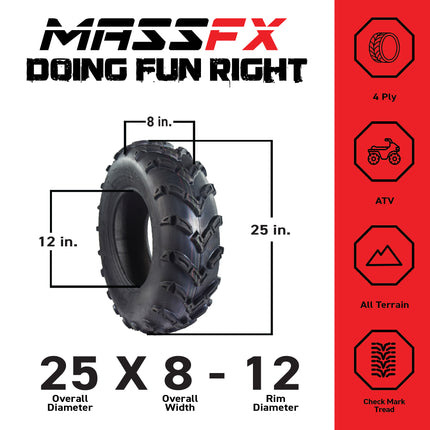 MASSFX 25x8-12 Front Tires for ATV, UTV, & SxS-6-Ply w/ 1/2" Tread Depth (2-pk)