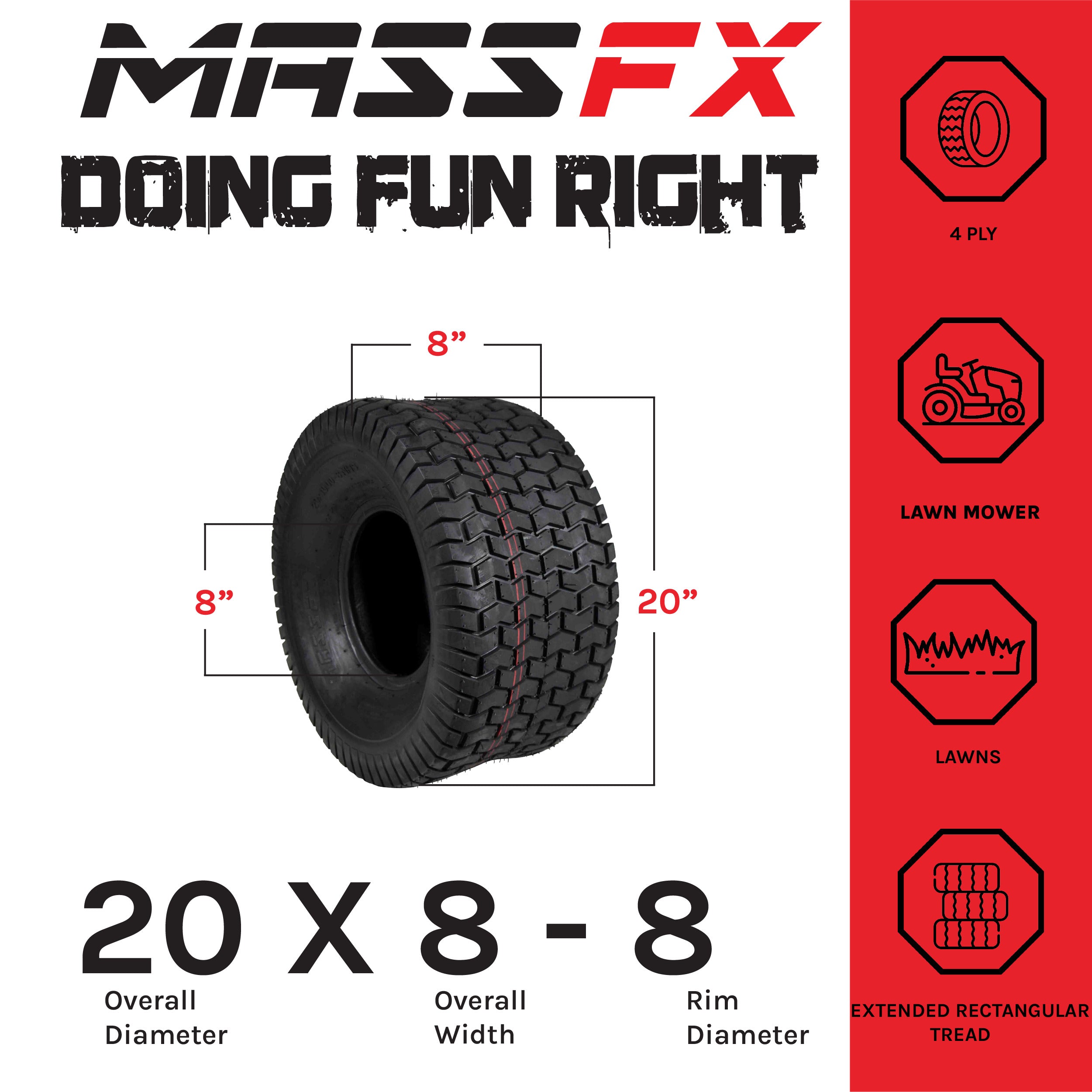 MASSFX 15x6-6 Front (2) & 20x8-8 Rear (2) Tire Set for Turf & Lawn Use (4-Pack)