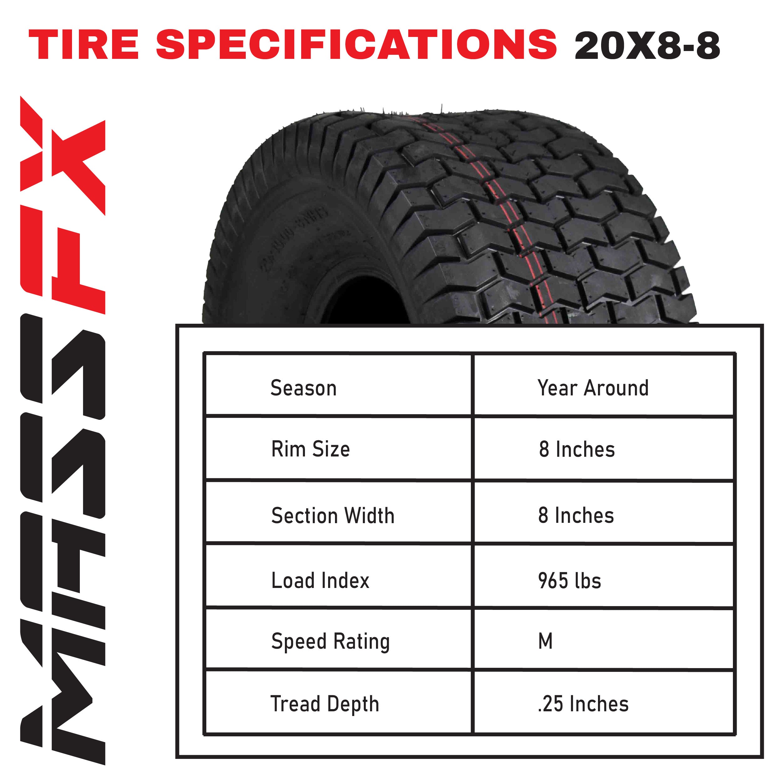 MASSFX 15x6-6 Front (2) & 20x8-8 Rear (2) Tire Set for Turf & Lawn Use (4-Pack)