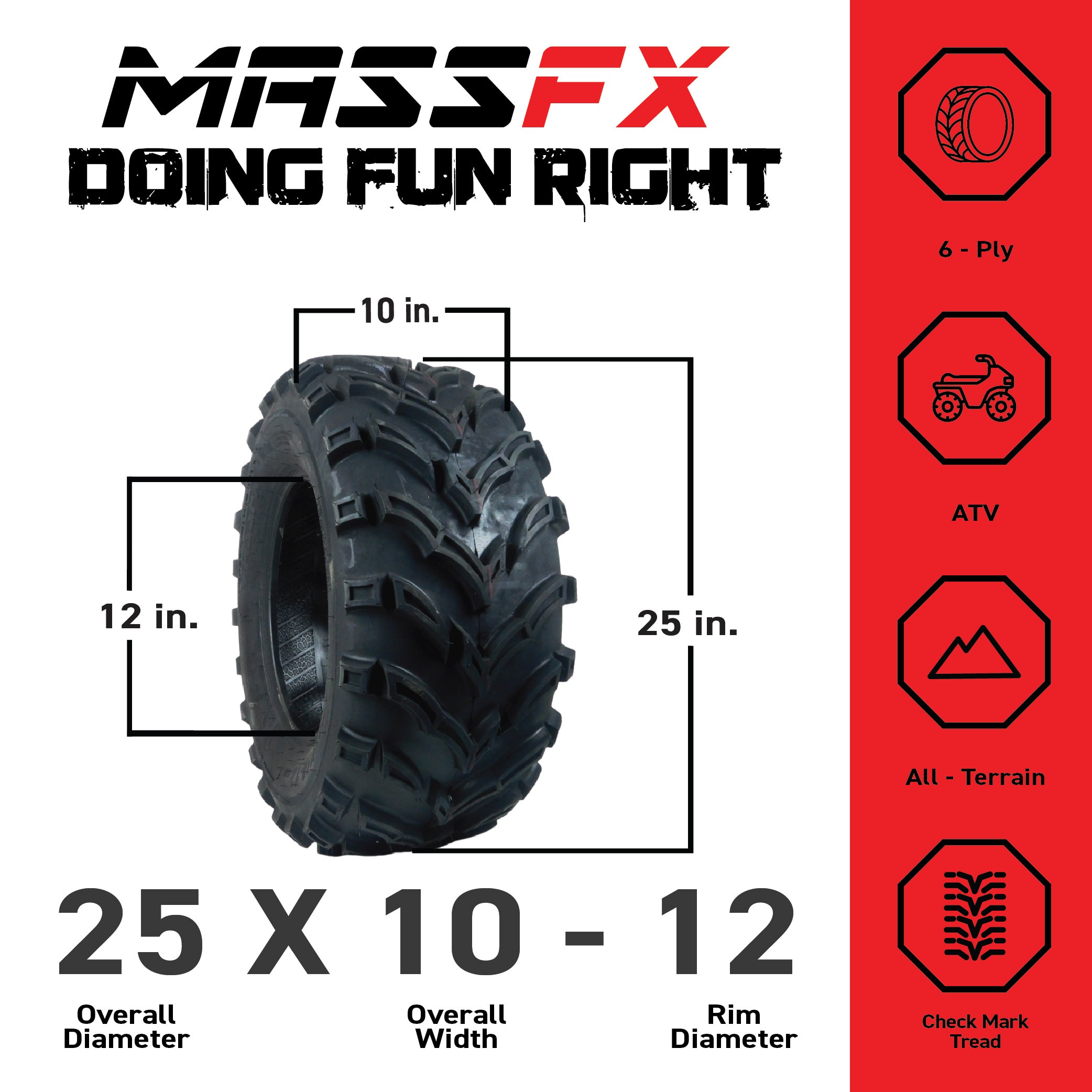 MASSFX 25x10-12 Rear Tires for ATV, UTV, & SxS-6-Ply w/ 1/2" Tread Depth (2-pk)