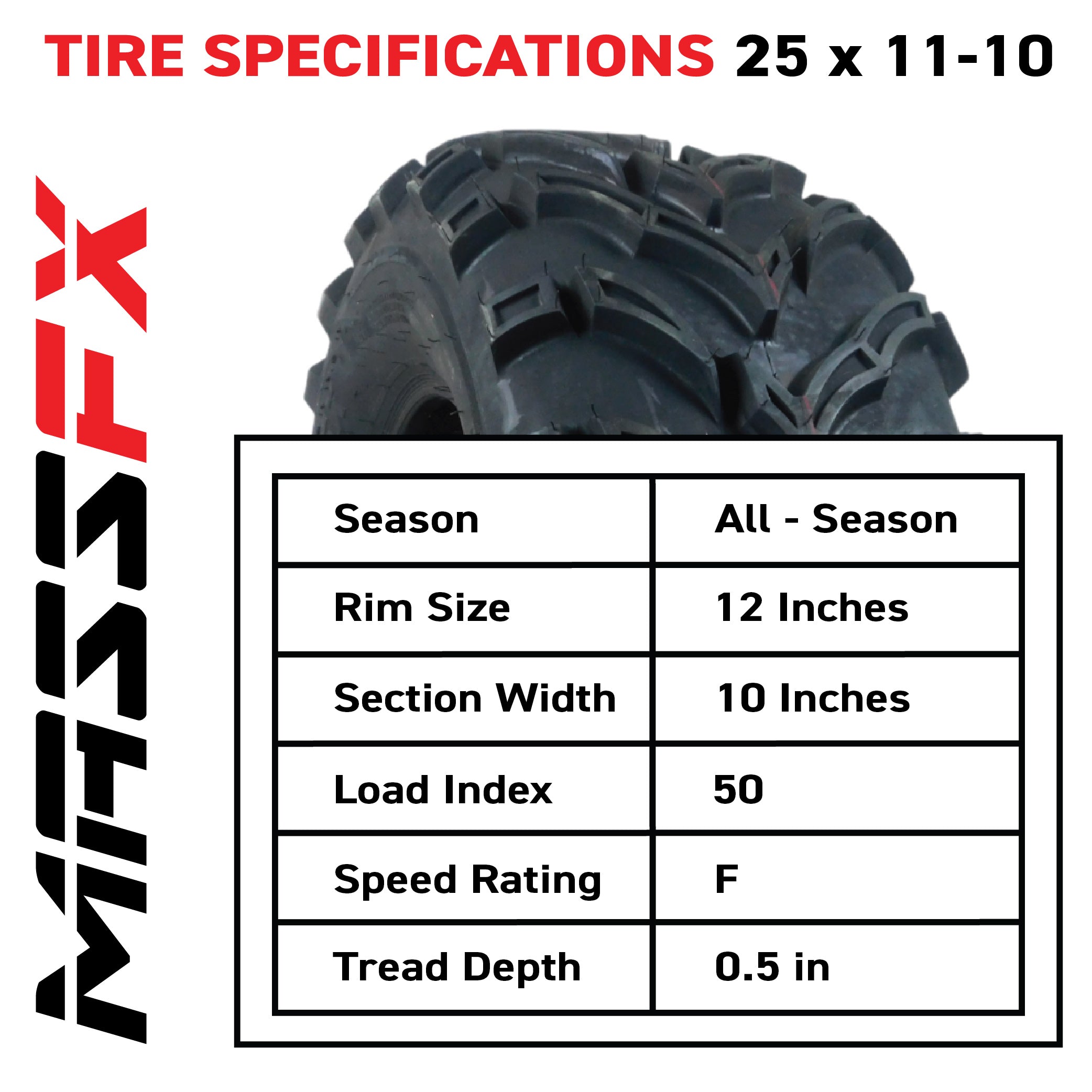 MASSFX 25x10-12 Rear Tires for ATV, UTV, & SxS-6-Ply w/ 1/2" Tread Depth (2-pk)