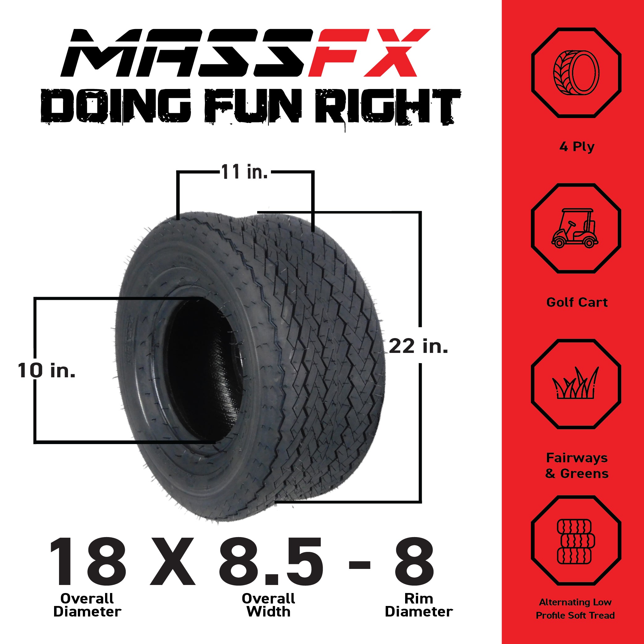 MASSFX SL 18x8.5-8 Front/Rear Golf Cart, Lawn & Garden Tire 4 PLY - (2) Tire