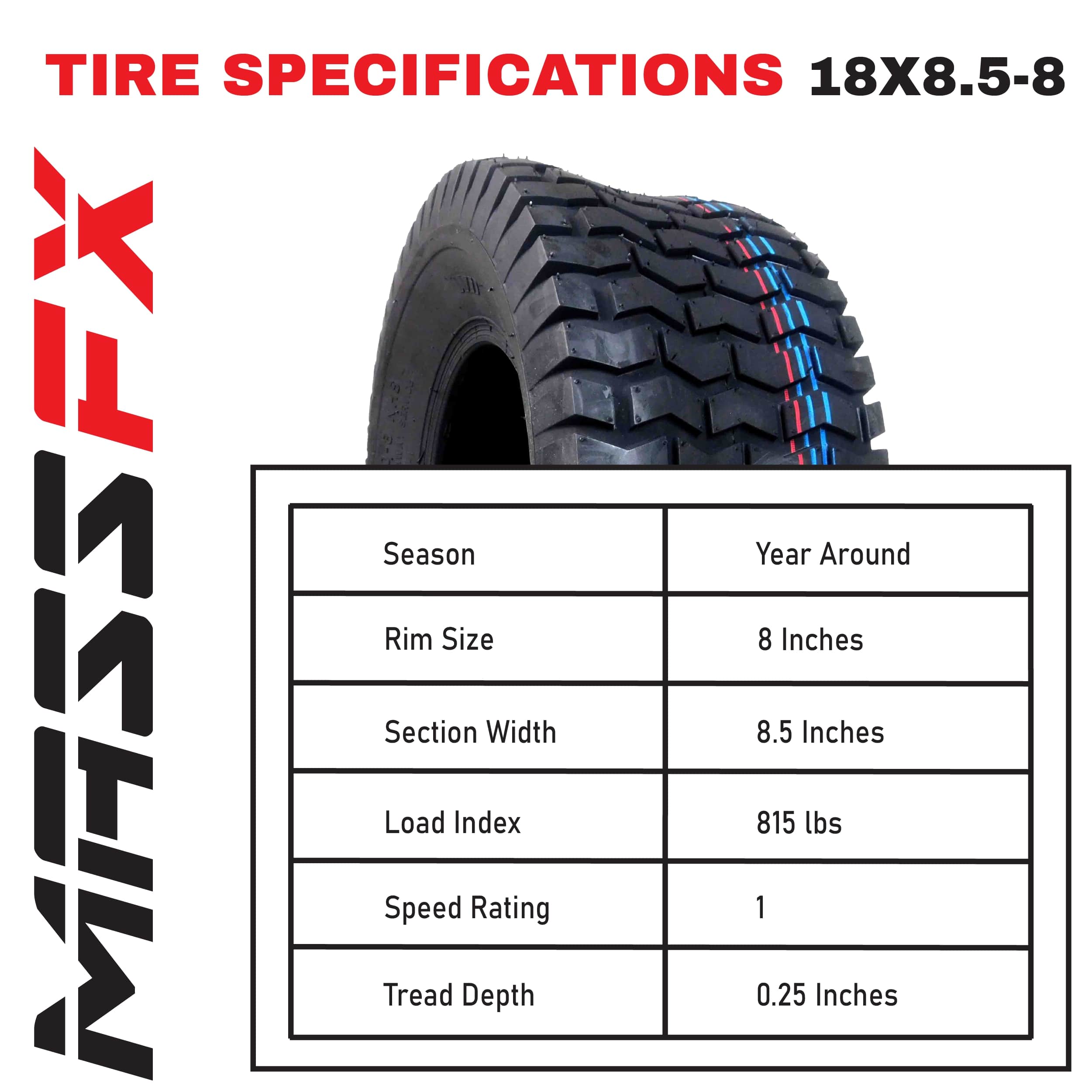 MASSFX SL 18x8.5-8 Front/Rear Golf Cart, Lawn & Garden Tire 4 PLY - (2) Tire