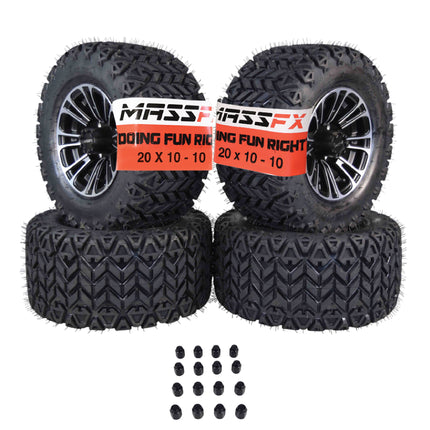 MASSFX SL 20x10-10 F/R Golf Cart, QUAKE 4 Blk Wheels 10x7 4/101.6 & 16 Blk Lugs
