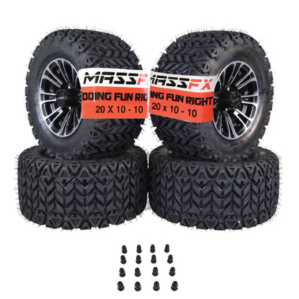MASSFX SL 20x10-10 F/R Golf Cart, QUAKE 4 Blk Wheels 10x7 4/101.6 & 16 Blk Lugs