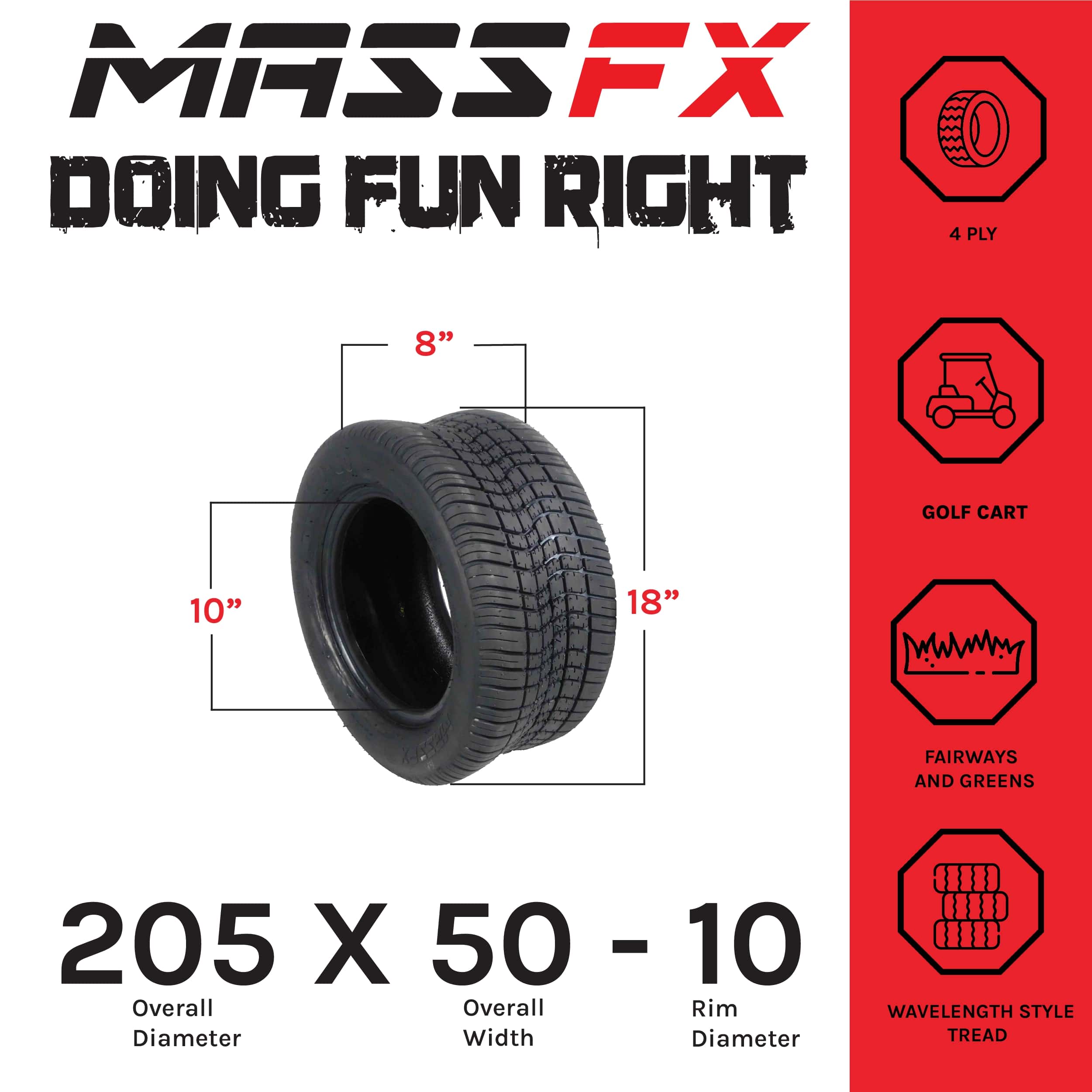 MASSFX SL 205/50-10 Front/Rear Golf Cart, Lawn & Garden Tire 4 PLY - (2) Tire