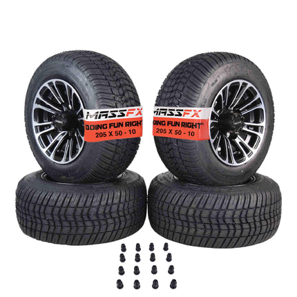 MASSFX SL 205/50-10 F/R Golf Cart, QUAKE 4 Blk Wheels 10x7 4/101.6 & 16 Blk Lugs