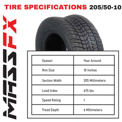 MASSFX SL 205/50-10 Front/Rear Golf Cart, Lawn & Garden Tire 4 PLY - (4) Tire