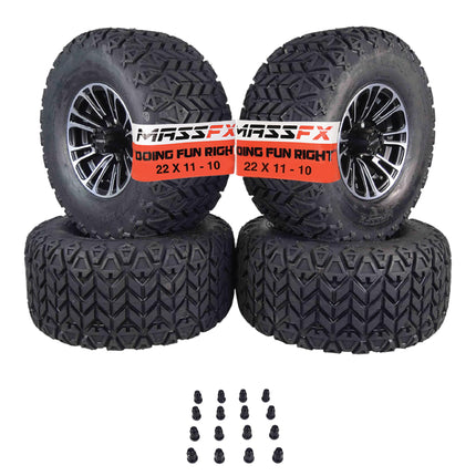 MASSFX SL 22x11-10 F/R Golf Cart, QUAKE 4 Blk Wheels 10x7 4/101.6 & 16 Blk Lugs