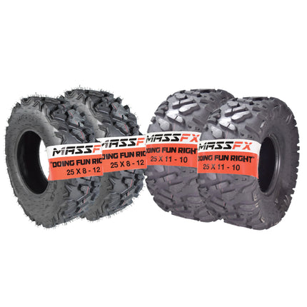 MASSFX 25x8-12 Front & 25x10-12 Rear Tire for ATV, UTV, & SXS Vehicles (4 Pack)