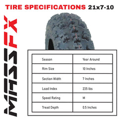 MASSFX 21x7-10 Front (2) & 20x10-9 Rear (2) Tires for ATV, UTV, & SxS (4-pk)