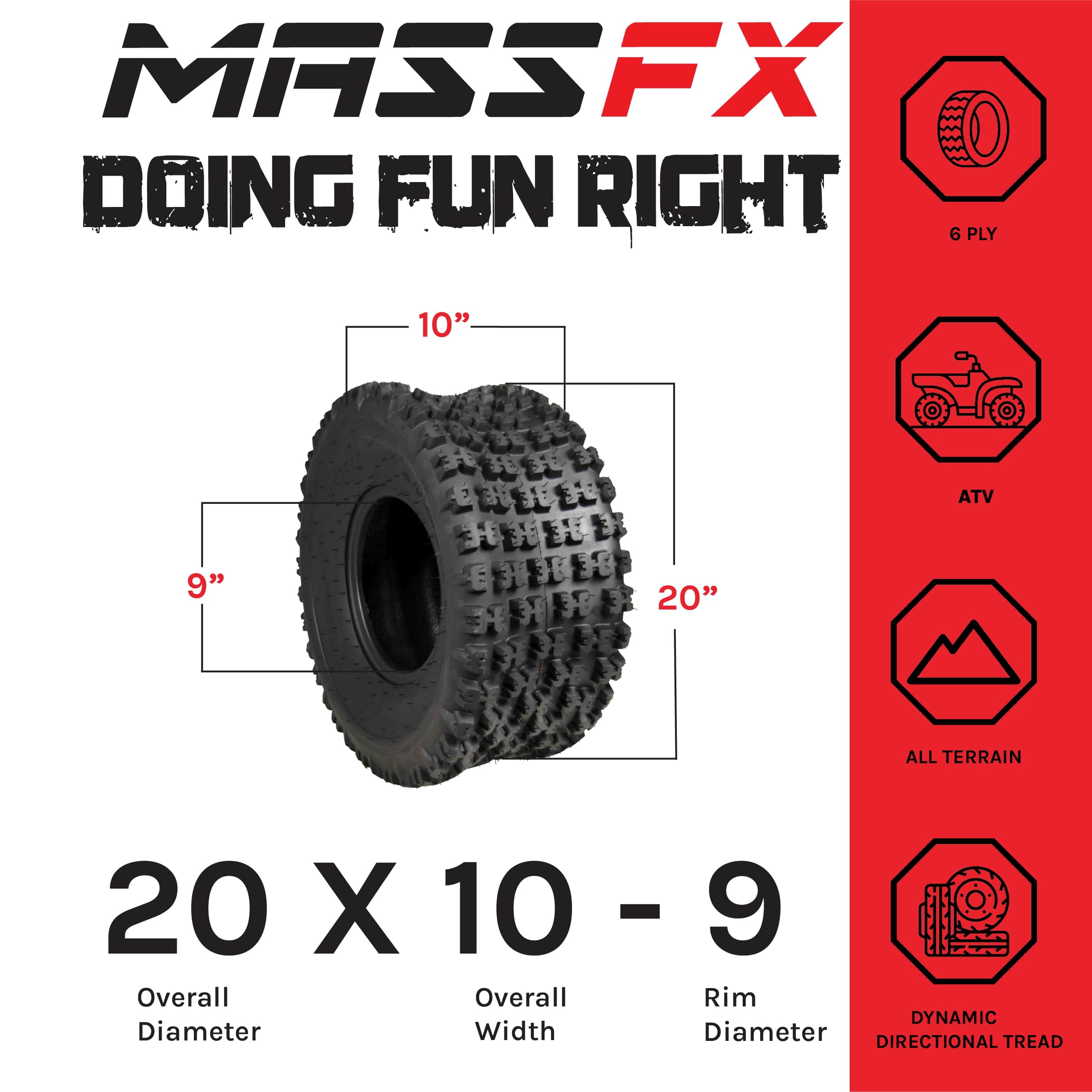 MASSFX 21x7-10 Front (2) & 20x10-9 Rear (2) Tires for ATV, UTV, & SxS (4-pk)