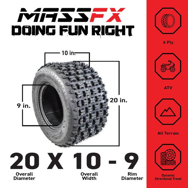 MASSFX 20x10-9 Rear Tire for All-Terrain (ATV), Utility-Task (UTV), and Side-by-Side (SxS) Vehicles - 4-Ply, 15mm Tread Depth