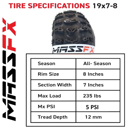 MASSFX 19x7-8 ATV Kawasaki Bayou Tire 4-ply Single 19x7x8 Polaris RZR 170