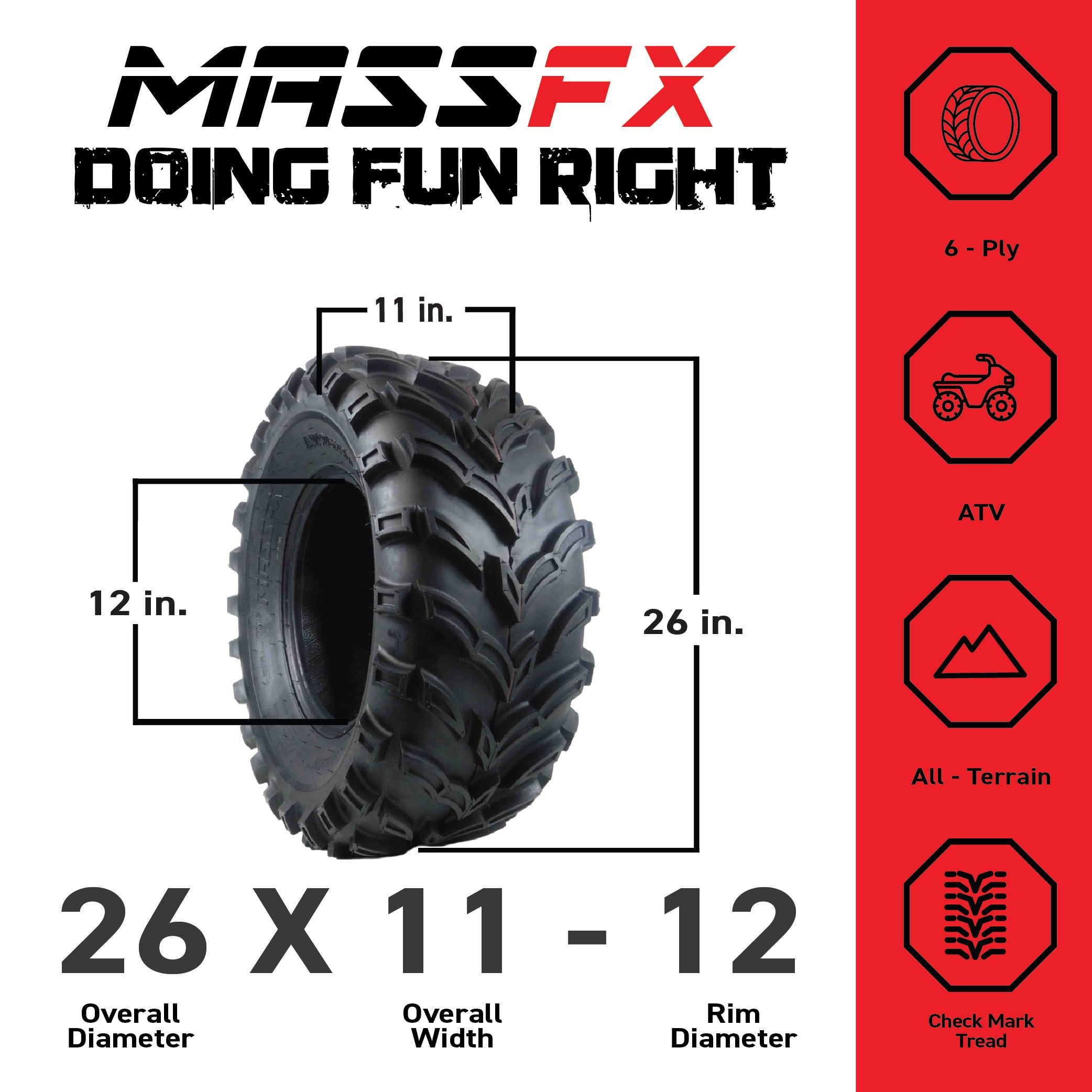 MASSFX 26x11-12 Rear Tire for ATV, UTV, and SxS - 6-Ply with 1/2" Tread Depth