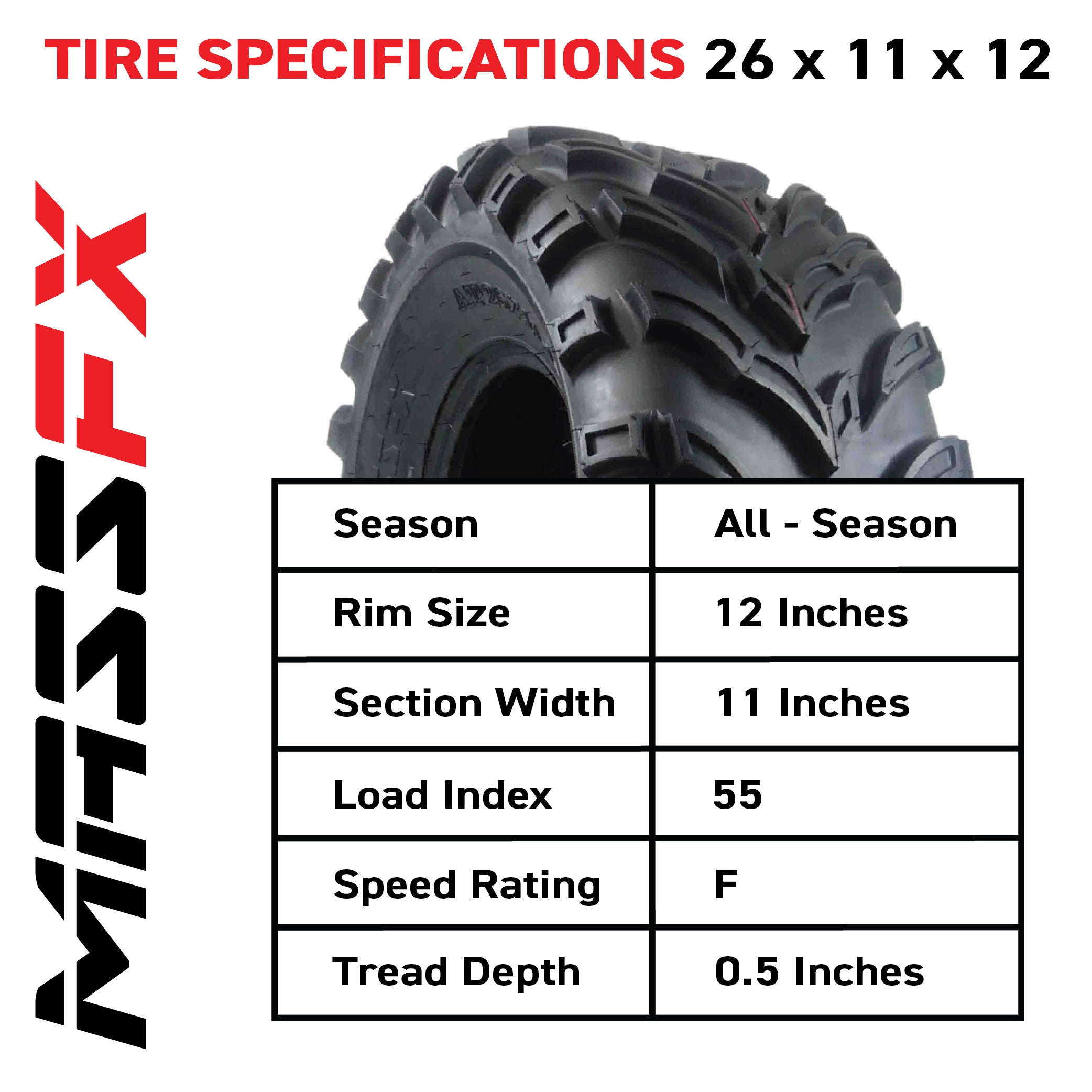 MASSFX 26x11-12 Rear Tire for ATV, UTV, and SxS - 6-Ply with 1/2" Tread Depth