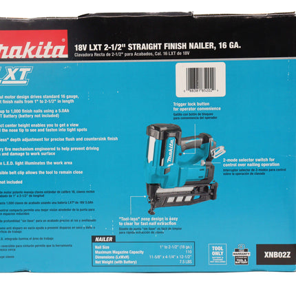 Makita XNB02Z 18V LXT Straight Finish Nailer, 16 Gauge, 2-1/2" (Tool Only)