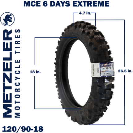 Metzeler MCE 6 Days Extreme Rear Dirt Bike Tire 120/90-18 - Off-Road Enduro Competition Tire - Tube Type - Bonus Motorcycle Tire Keychain