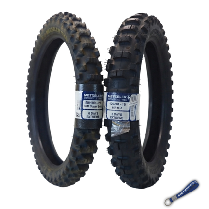 Metzeler MCE 6 DAYS EXTREME - 90/100-21 (front) & 120/90-18 (rear) dirtbike tire set with keychain