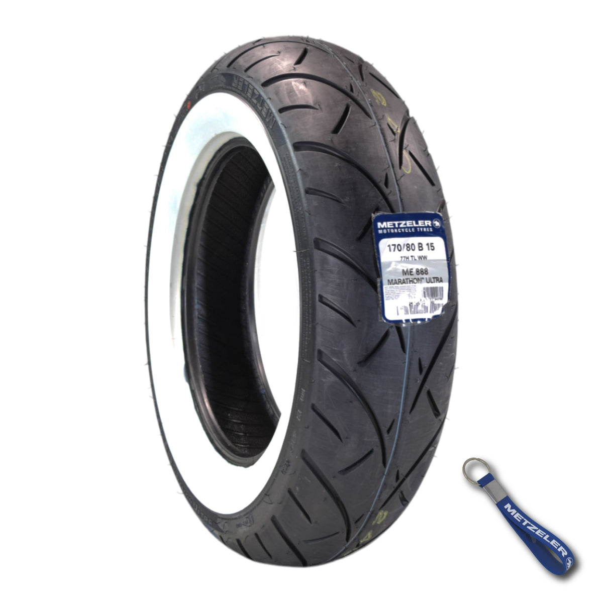 Metzeler ME 888 Marathon Ultra White Wall 170/80-15 Rear Tire with Keychain