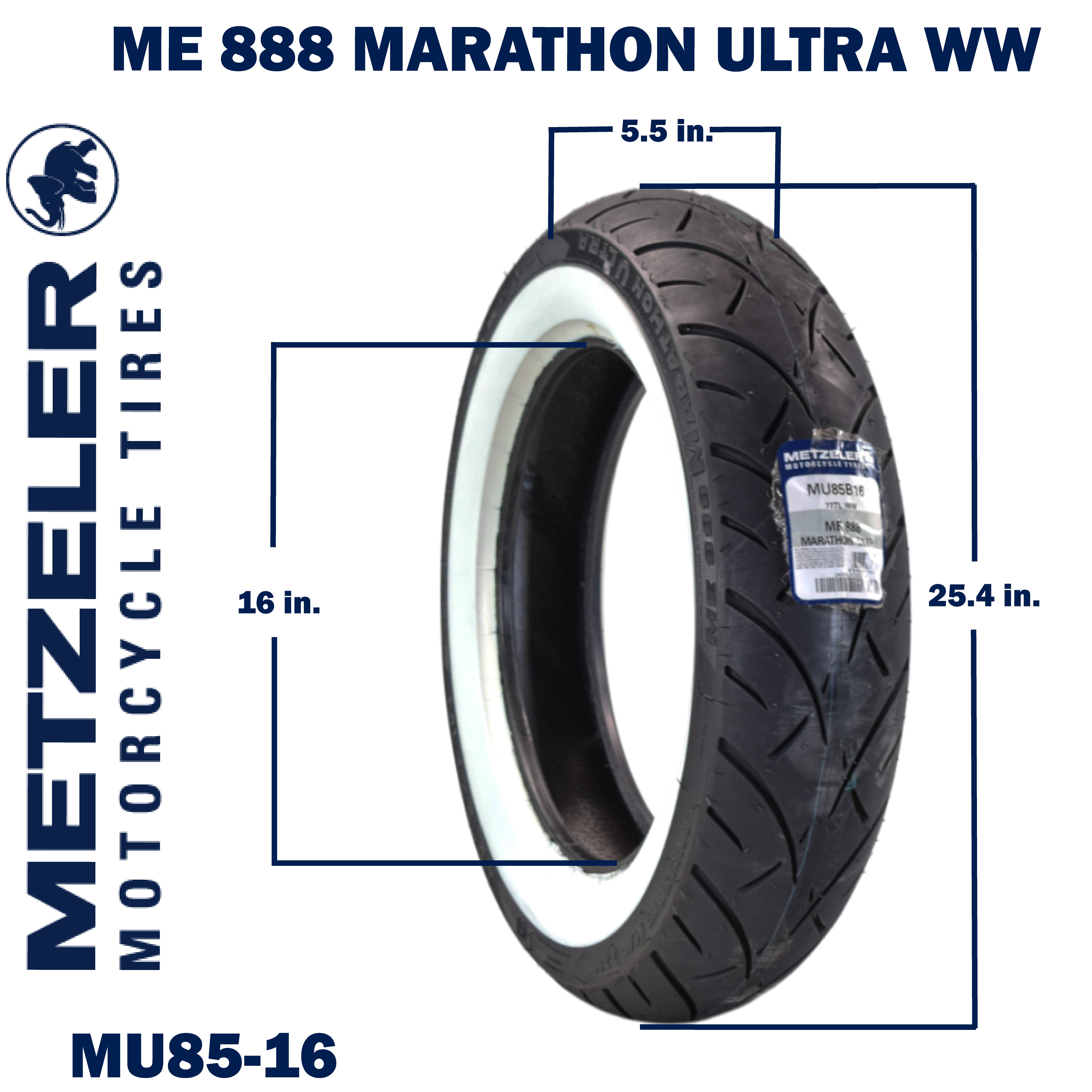 Metzeler ME 888 Marathon Ultra White Wall MU85 B16 Rear Tire with Keychain