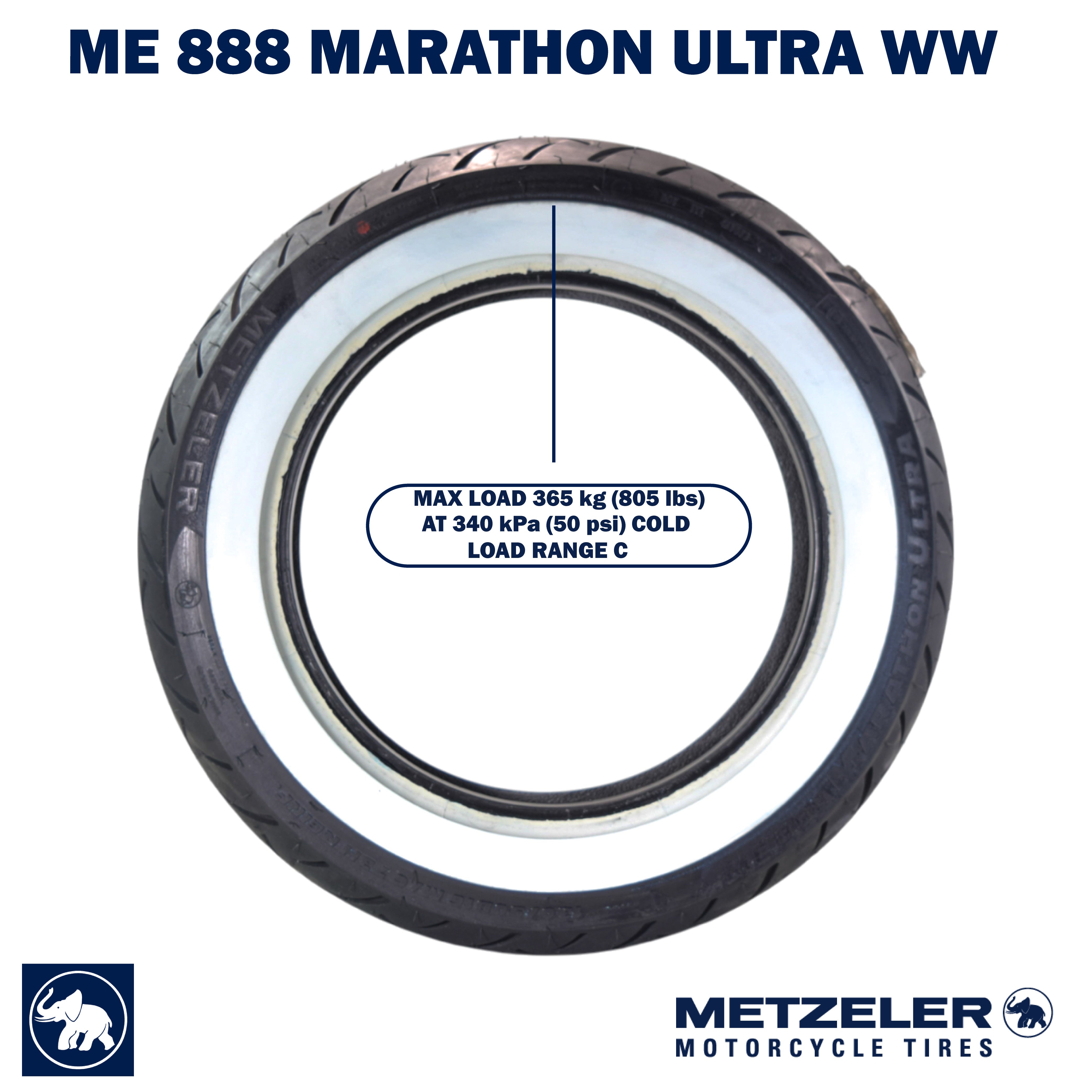 Metzeler ME 888 Marathon Ultra White Wall 130/90-16 Rear Tire with Keychain