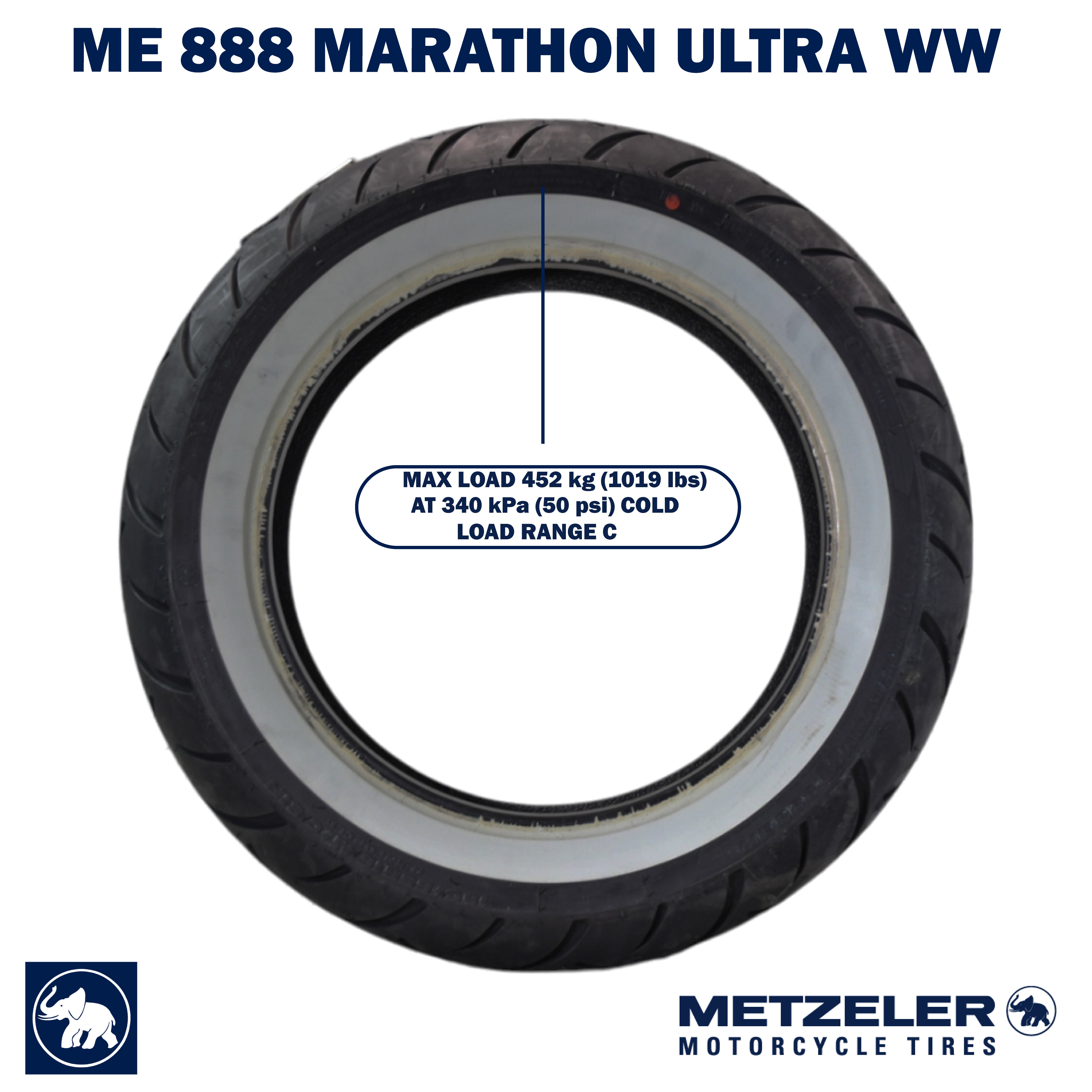 Metzeler ME 888 Marathon Ultra White Wall 180/65B16 REINF Rear Tire with Keychain