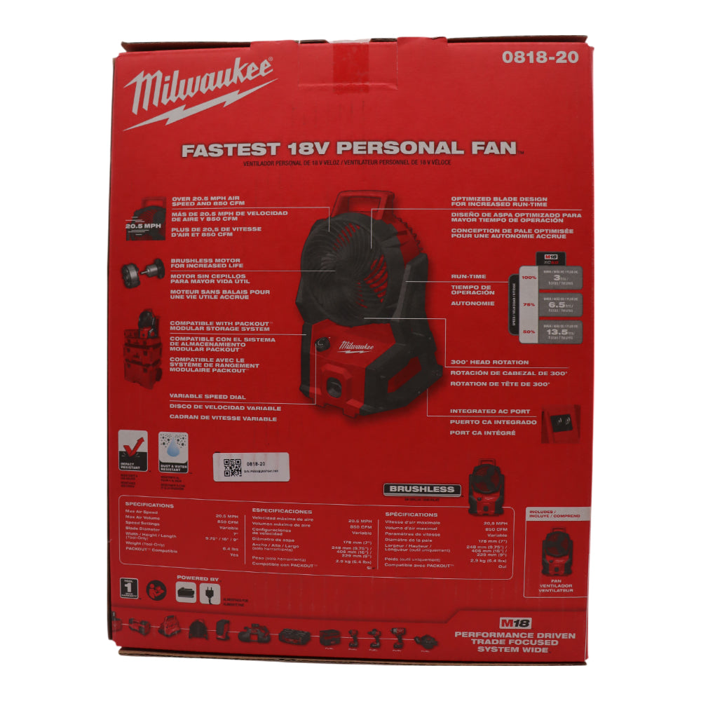 Milwaukee 0818-20 M18 18V Brushless PACKOUT Fan (Bare Tool)