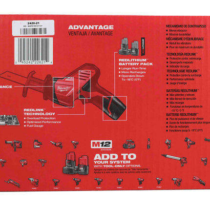 Milwaukee 2420-21 M12 12V Cordless Hackzall Reciprocating Saw Kit – Compact One-Handed Saw with REDLITHIUM Battery, Charger & Carrying Case