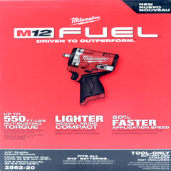 Milwaukee 2562-20 12V Cordless Stubby 3/8″ Impact Wrench – Up to 550 ft-lb Nut-Busting Torque, 0-3,000 RPM, 4-Mode Drive Control, Tri-LED Work Light, Friction-Ring Retention (Tool-Only)