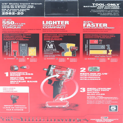 Milwaukee 2562-20 12V Cordless Stubby 3/8″ Impact Wrench – Up to 550 ft-lb Nut-Busting Torque, 0-3,000 RPM, 4-Mode Drive Control, Tri-LED Work Light, Friction-Ring Retention (Tool-Only)