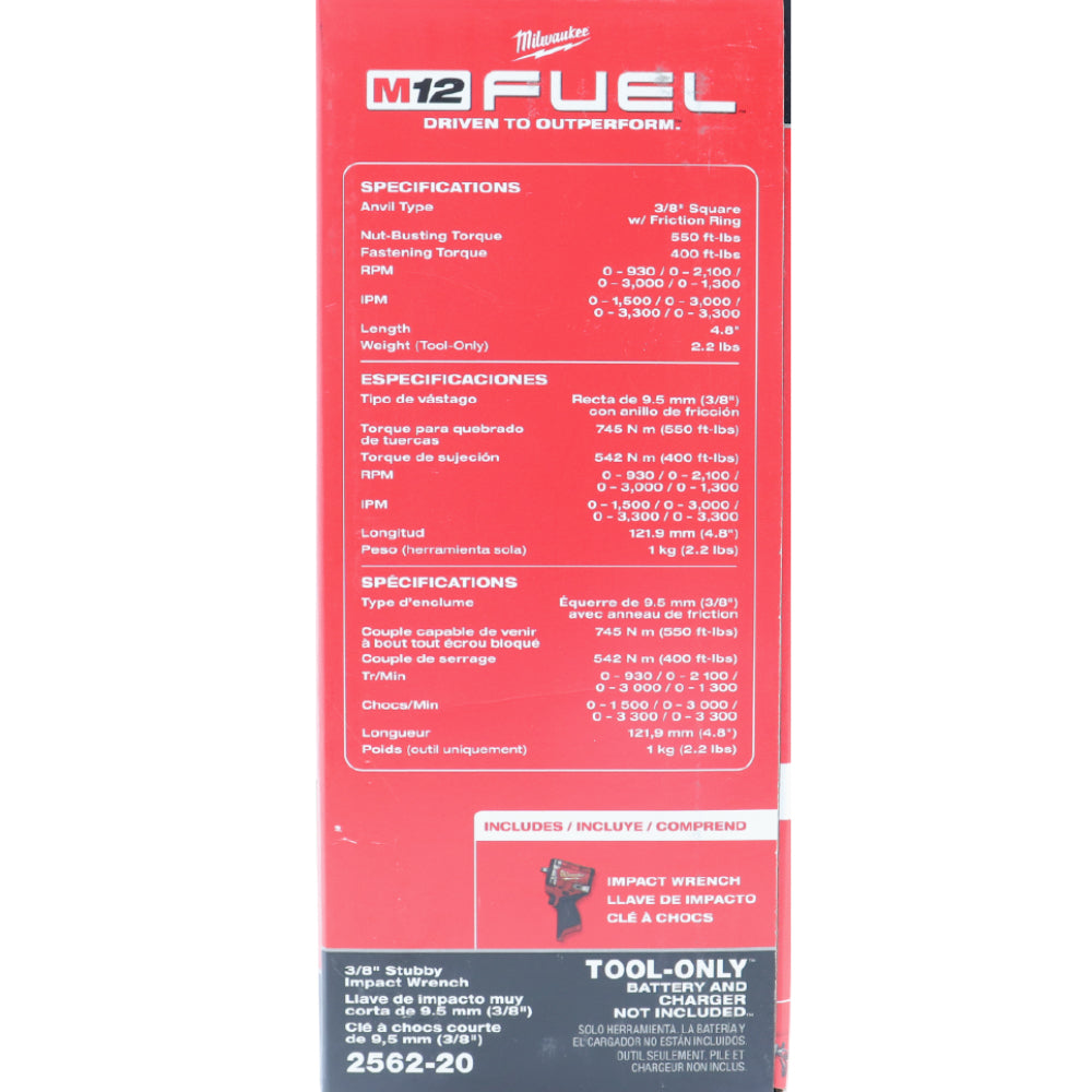 Milwaukee 2562-20 12V Cordless Stubby 3/8″ Impact Wrench – Up to 550 ft-lb Nut-Busting Torque, 0-3,000 RPM, 4-Mode Drive Control, Tri-LED Work Light, Friction-Ring Retention (Tool-Only)