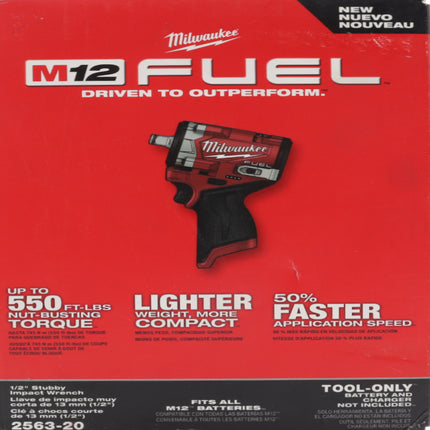 Milwaukee 2563-20 M12 FUEL 12V 1/2" Stubby Impact Wrench - Bare Tool