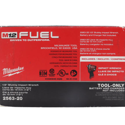 Milwaukee 2563-20 M12 FUEL 12V 1/2" Stubby Impact Wrench - Bare Tool