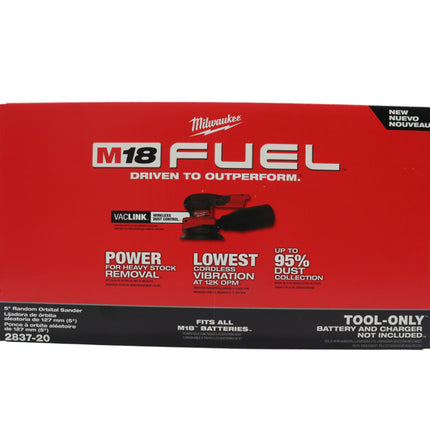 Milwaukee 2837-20 18V Cordless 5″ Random Orbit Sander – 12,000 OPM Max, 3/32″ Orbit, 5-Mode Speed, Integrated Dust Control, Low Vibration, Ergonomic Palm Grip, VACLINK Compatible (Tool-Only)