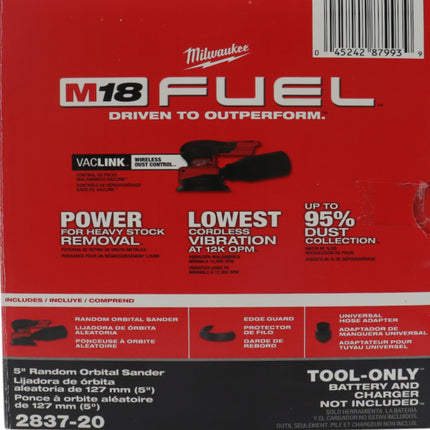 Milwaukee 2837-20 18V Cordless 5″ Random Orbit Sander – 12,000 OPM Max, 3/32″ Orbit, 5-Mode Speed, Integrated Dust Control, Low Vibration, Ergonomic Palm Grip, VACLINK Compatible (Tool-Only)