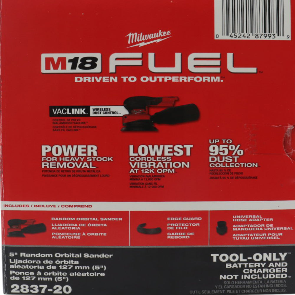 Milwaukee 2837-20 18V Cordless 5″ Random Orbit Sander – 12,000 OPM Max, 3/32″ Orbit, 5-Mode Speed, Integrated Dust Control, Low Vibration, Ergonomic Palm Grip, VACLINK Compatible (Tool-Only)