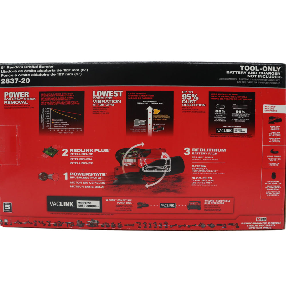 Milwaukee 2837-20 18V Cordless 5″ Random Orbit Sander – 12,000 OPM Max, 3/32″ Orbit, 5-Mode Speed, Integrated Dust Control, Low Vibration, Ergonomic Palm Grip, VACLINK Compatible (Tool-Only)
