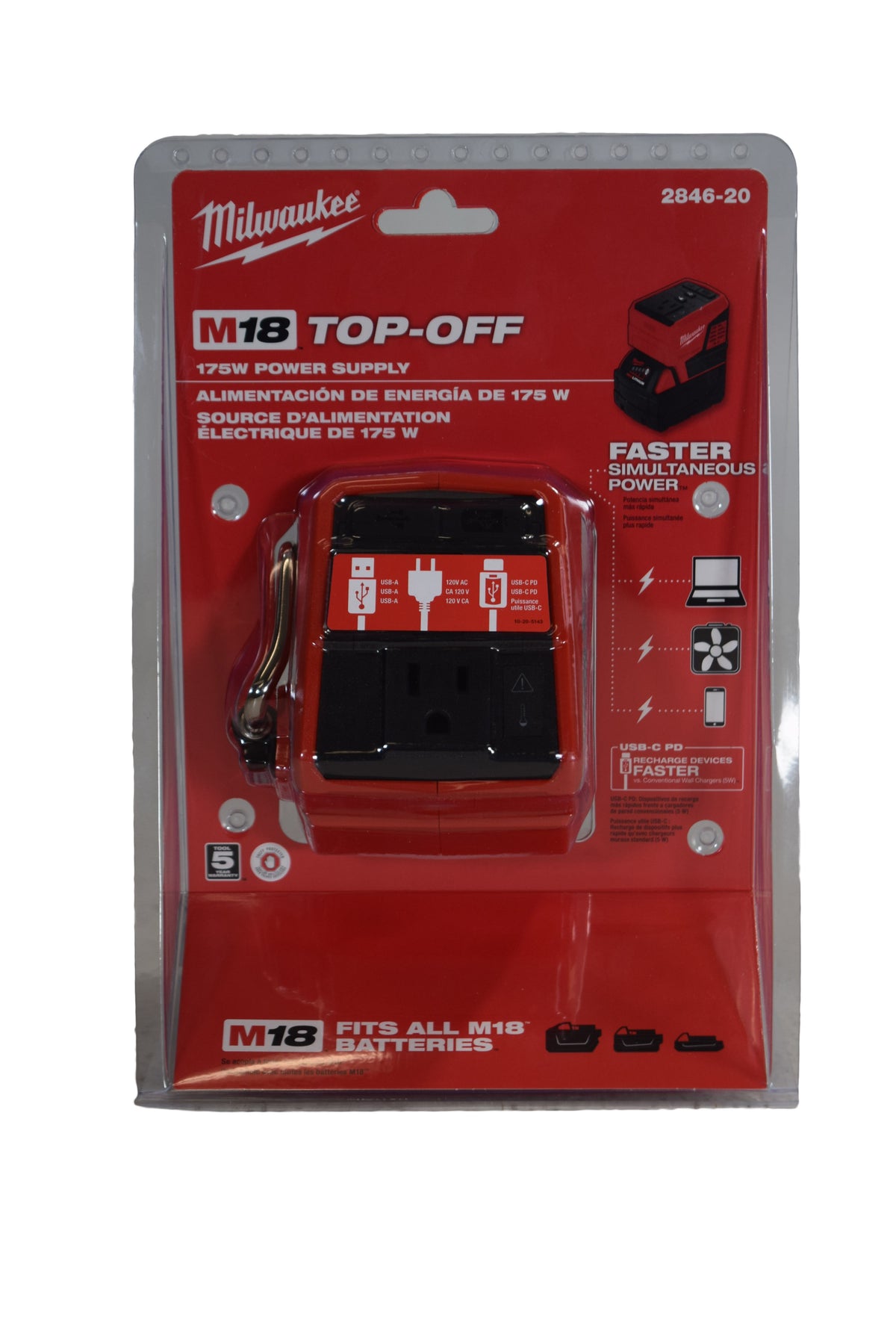 Milwaukee M18 TOP-OFF 175W Power Supply Inverter (Model 2846-20) – Portable 120V AC Outlet, 45W USB-C PD & USB-A 2.4A, Compatible with All M18 Batteries, Compact Job-site Power Station