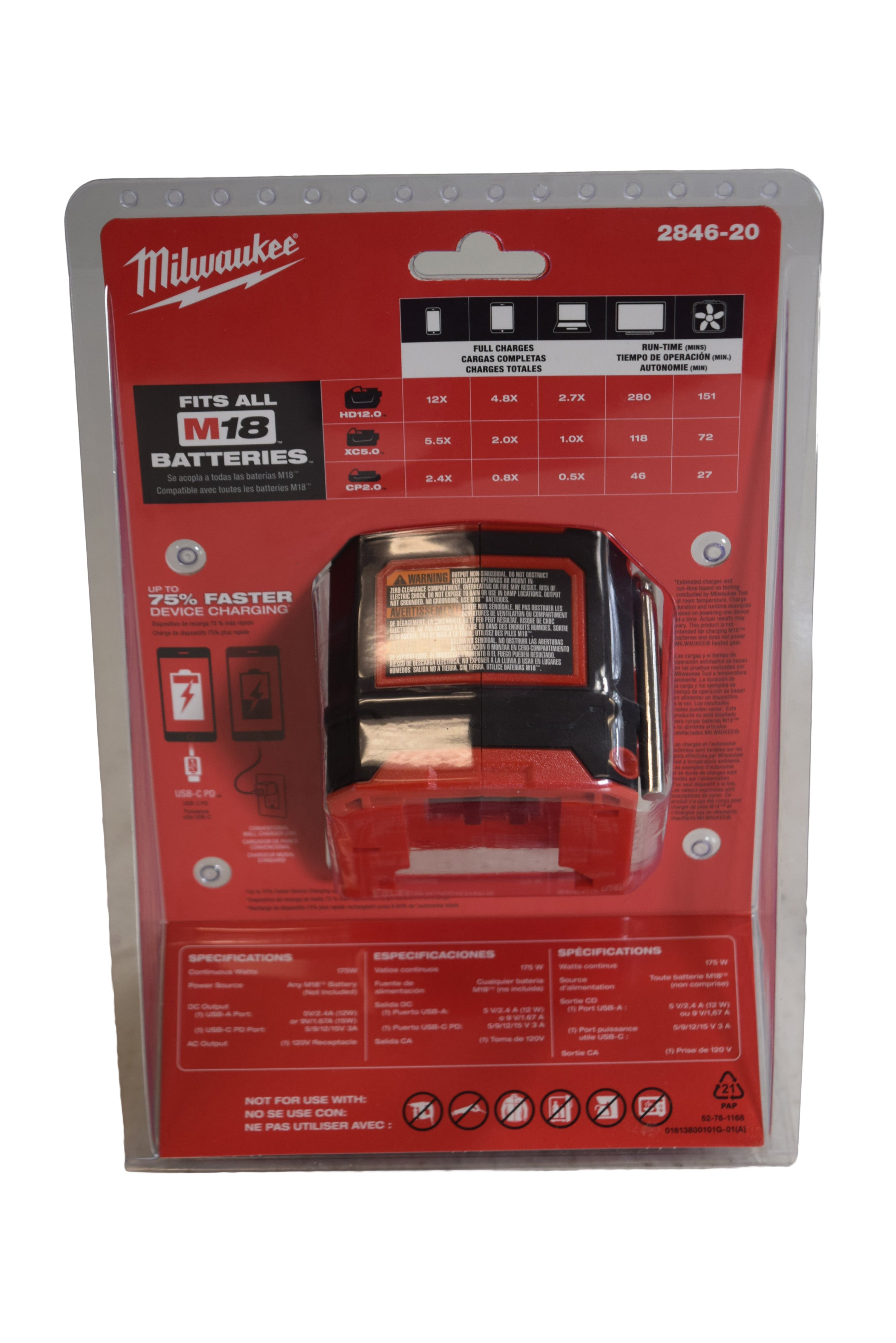 Milwaukee M18 TOP-OFF 175W Power Supply Inverter (Model 2846-20) – Portable 120V AC Outlet, 45W USB-C PD & USB-A 2.4A, Compatible with All M18 Batteries, Compact Job-site Power Station