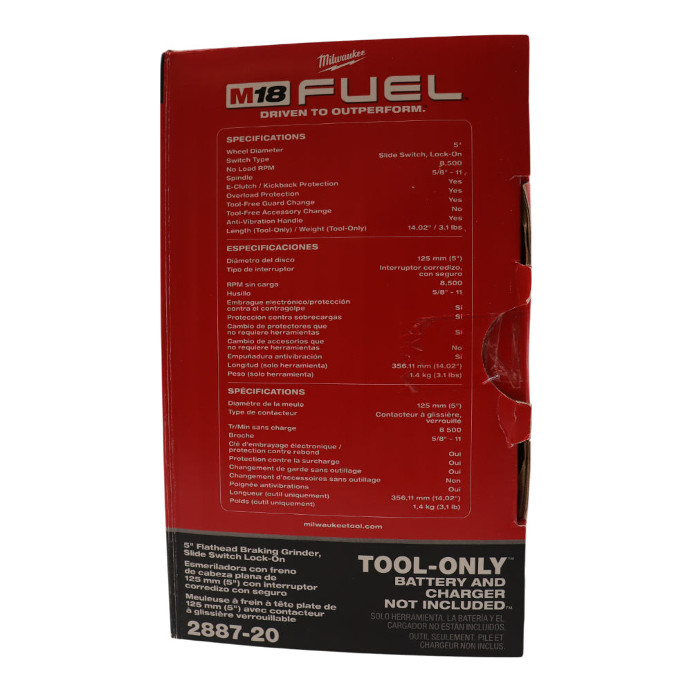 Milwaukee M18 FUEL 5 in. Flathead Braking Grinder, Slide Switch Lock-On
