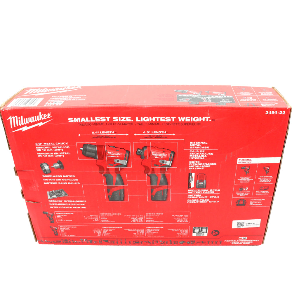 Milwaukee 3494-22 M12 12V Subcompact Brushless 2-Tool Combo Kit